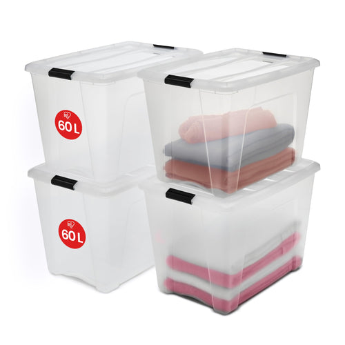 Iris Ohyama Aufbewahrungsbox mit Deckel NTB-60, 60 L, 4er-Set, transparent und stapelbar