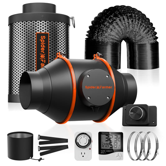 Spider Farmer Grow Abluftset 100mm - Ventilator & Aktivkohlefilter. Schwarz, entlüftet/filtert Growboxen-Gerüche.