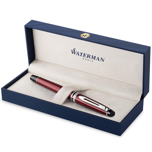 Waterman Expert Tintenroller Dunkelrot - Feine Spitze. Schlanker, dunkelroter Tintenroller mit feiner Spitze für flüssiges, präzises Schreiben.