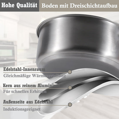 SHEUMNT Topf- und Pfannenset Edelstahl, 6-teilig, induktionsgeeignet