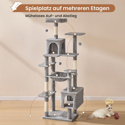 MSmask Kratzbaum 173 cm, 2 Plattformen, 2 Höhlen, Hängematte, hellgrau