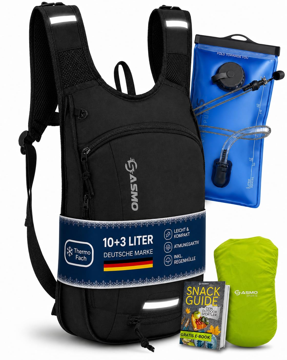 SASMO Fahrradrucksack 10L mit Trinkblase, Thermofach und Helmnetz aus wasserabweisendem Nylon