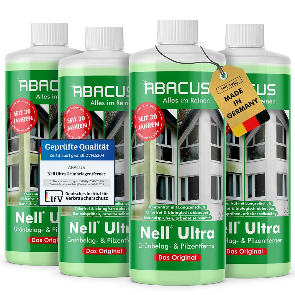 ABACUS Nell Ultra Grün- & Algenentferner Konzentrat – 4x1L, vier 1-Liter-Flaschen. Beseitigt Grünbelag und Algen von Außenflächen.