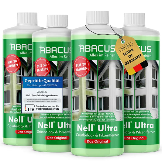 ABACUS Nell Ultra Grün- & Algenentferner Konzentrat – 4x1L, vier 1-Liter-Flaschen. Beseitigt Grünbelag und Algen von Außenflächen.