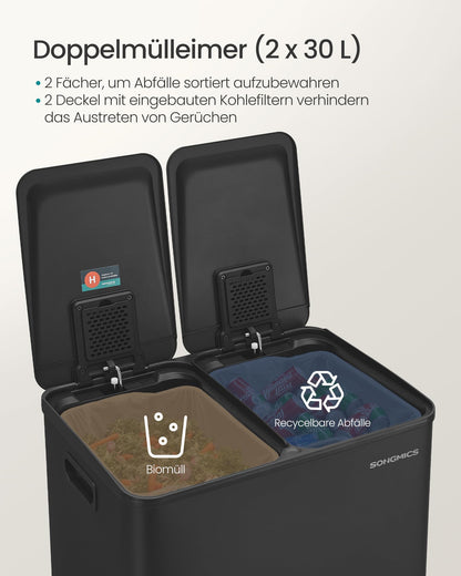 SONGMICS Tretmülleimer 2x30L, 2 Fächer, Softclose, Stahl – Tintenschwarz LTB741B02