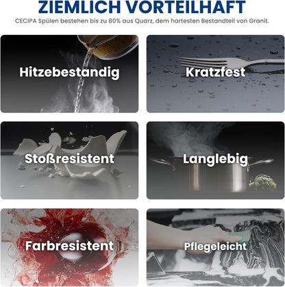 CECIPA Granit Küchenspüle Schwarz – 65x45 cm Einbauspüle