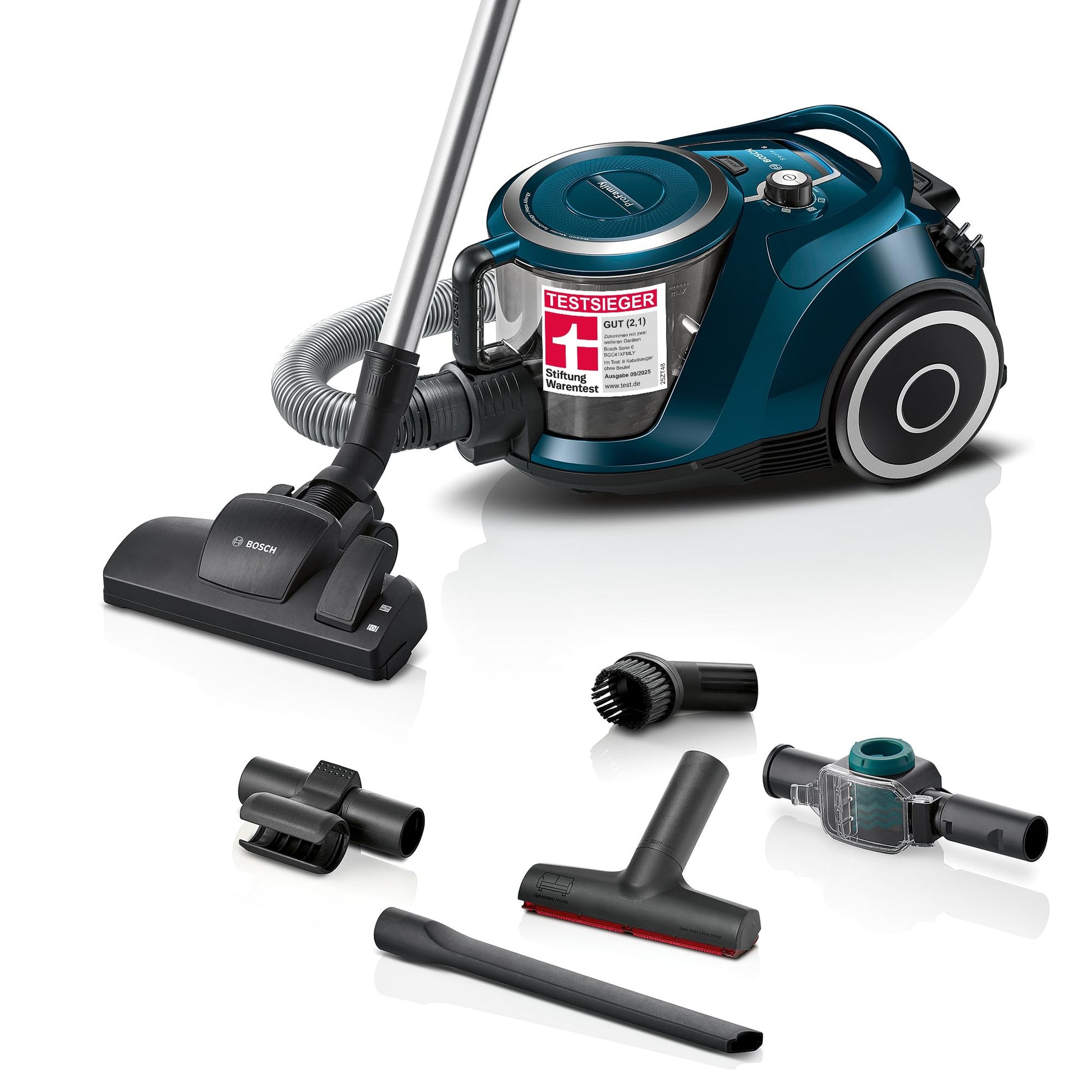 Bosch Serie 6 ProFamily BGC41XFMLY Staubsauger beutellos blau: Blauer, kompakter Bodenstaubsauger reinigt Böden effizient ohne Beutel.
