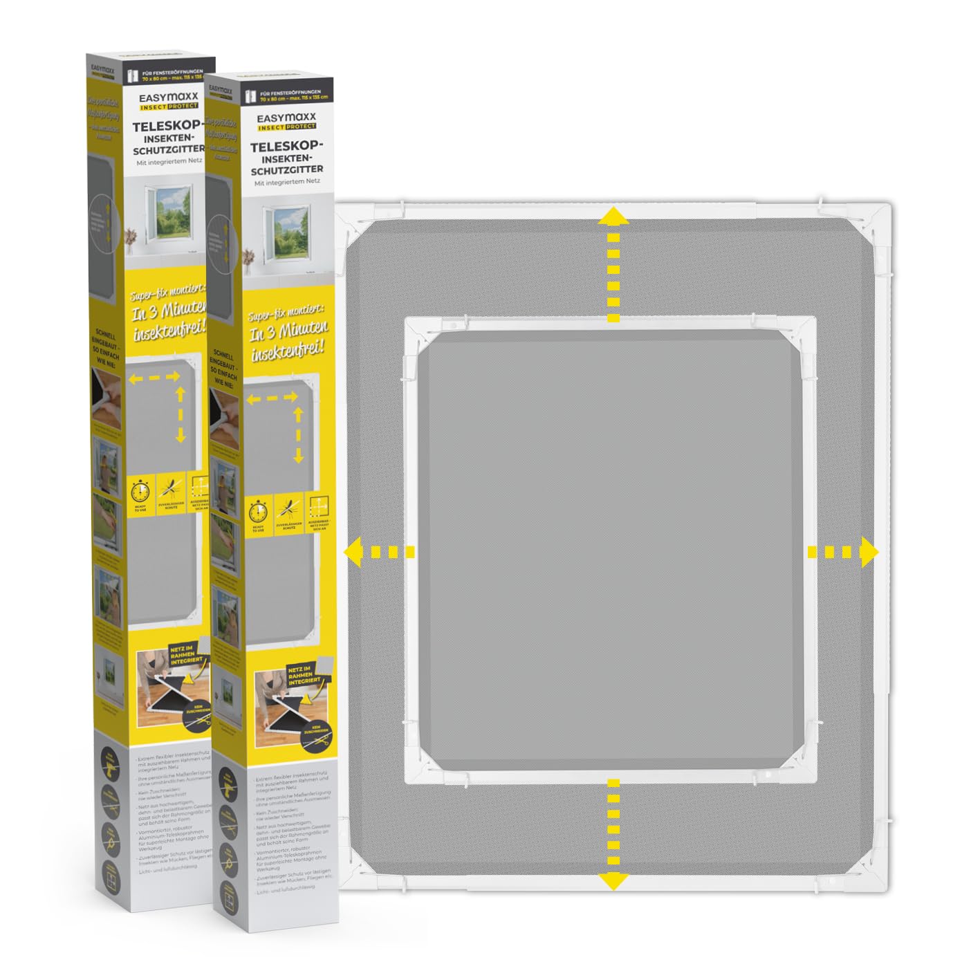 EASYmaxx Insect Protect Teleskop-Fliegengitter – weiss ausziehbar 2er-Set: Weisses, rechteckiges Teleskop-Gitter zum Schutz vor Insekten an Fenstern.