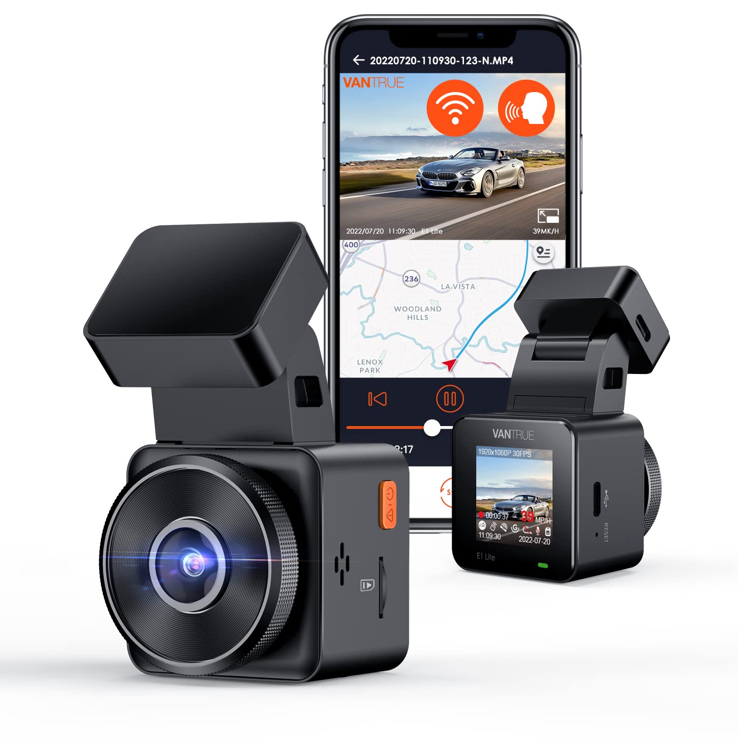 VANTRUE E1 Lite Mini Dashcam 1080P HDR mit WiFi und GPS, kompakte Autokamera mit 1,54 Zoll IPS Display