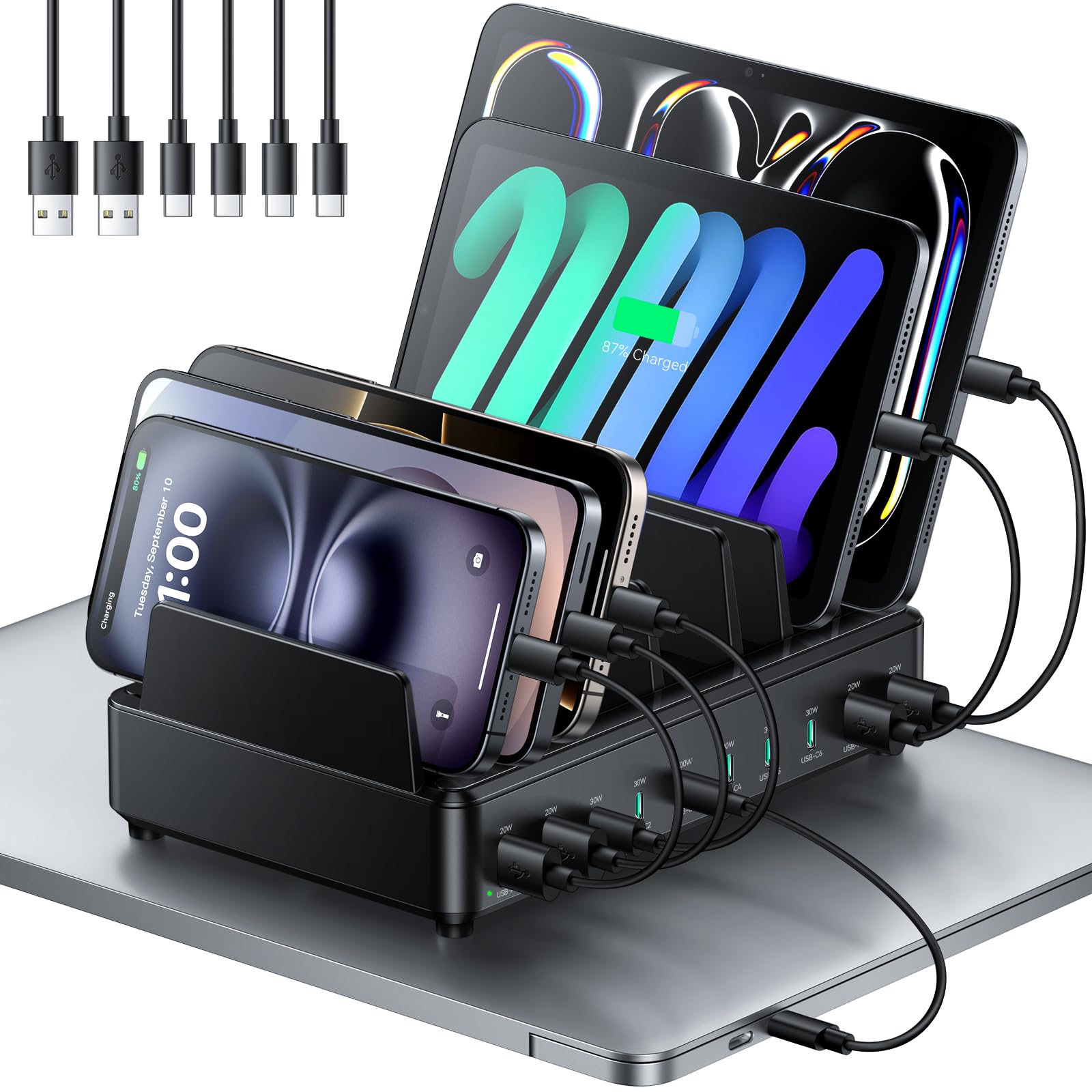 Rocoren 400W Ladestation USB-C, 10-Port GaN Ladegerät mit PD 100W aus ABS-Kunststoff mit Silikonstreifen