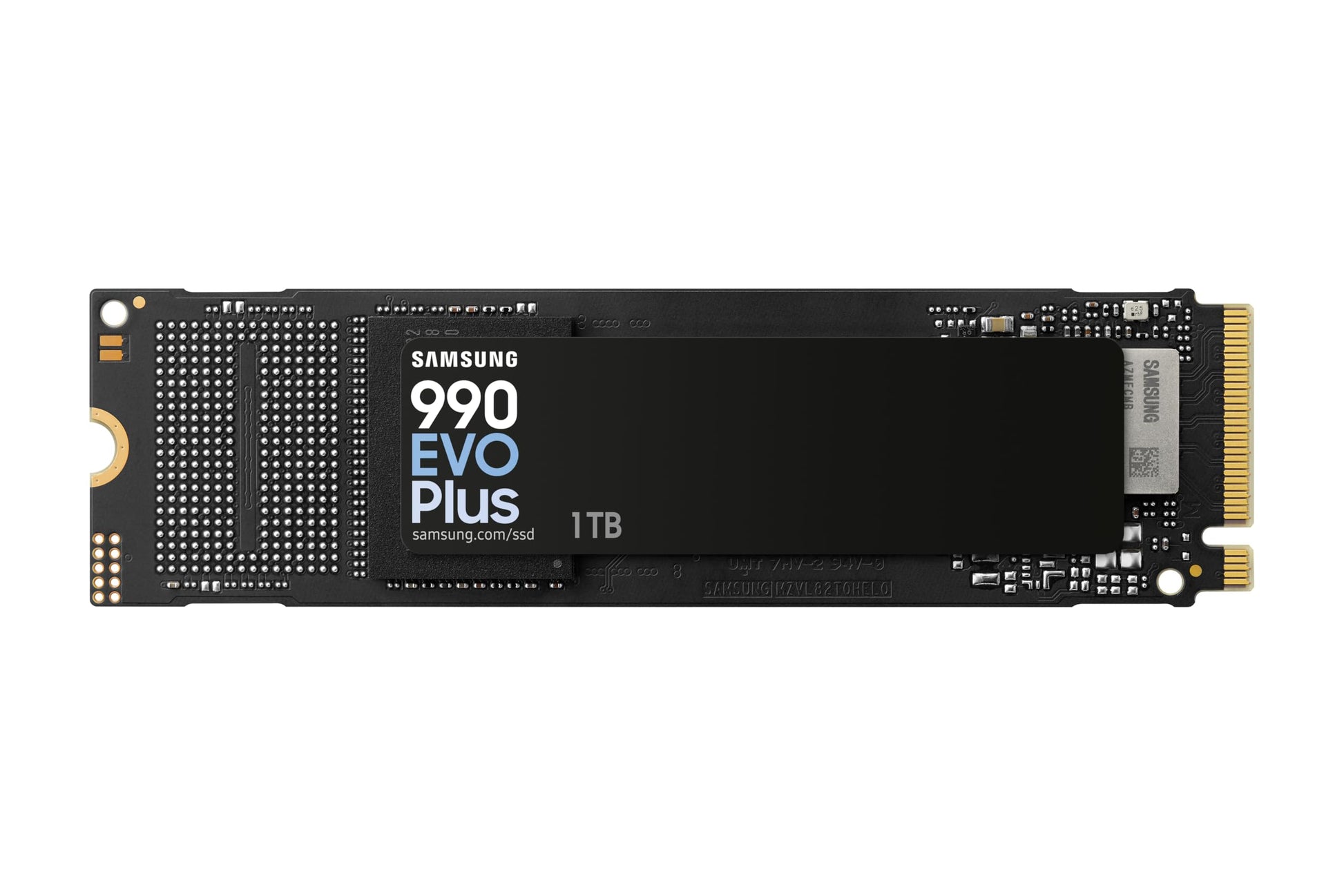 Samsung 990 EVO Plus NVMe M.2 SSD - 1 TB (MZ-V9S1T0BW): Schwarze, rechteckige Platine. Schneller interner Massenspeicher für PCs.
