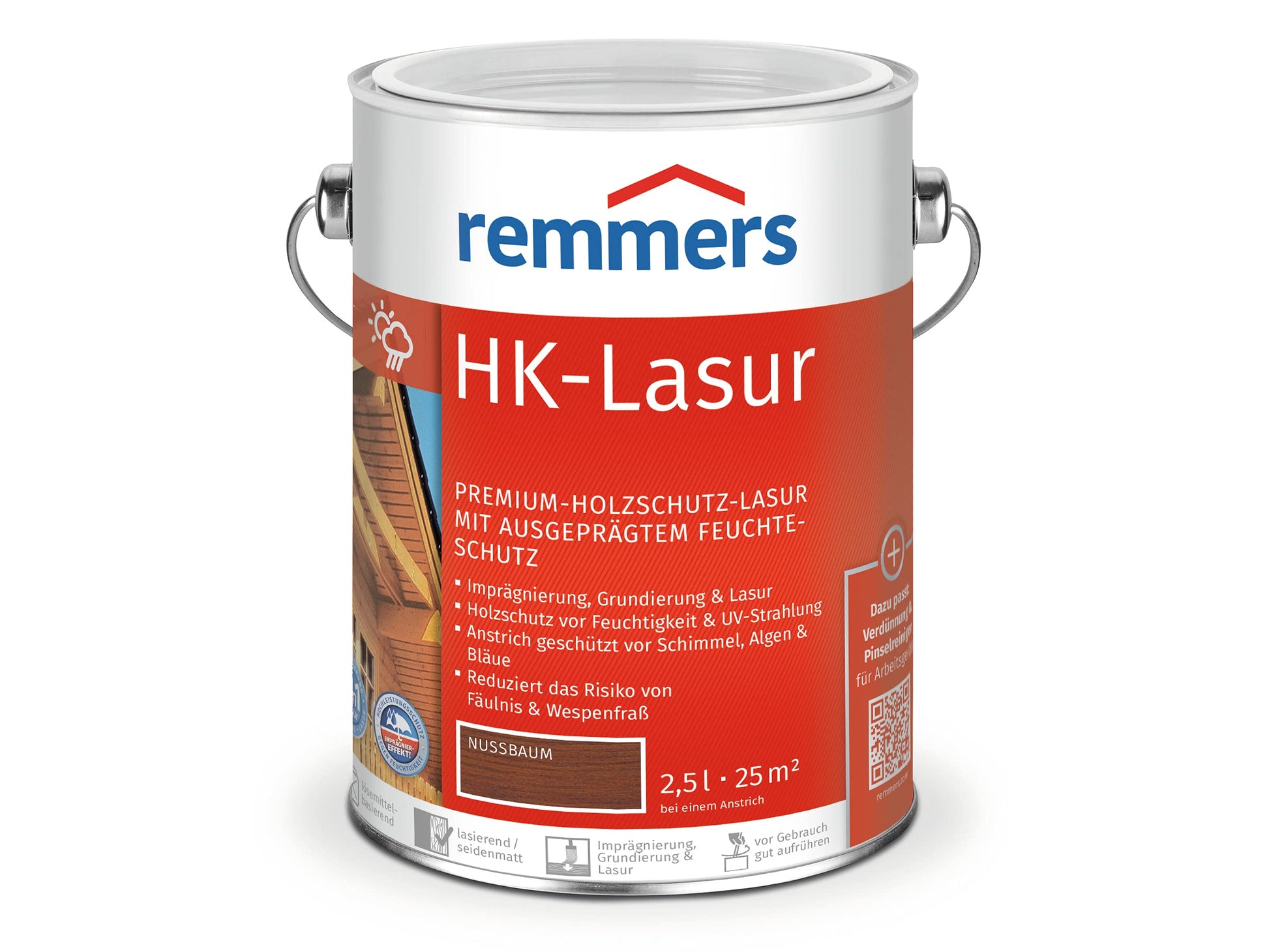 Remmers HK-Lasur 3in1 Nussbaum 2,5 Liter Holzlasur aussen, Holzschutz vor Feuchtigkeit und UV-Strahlung