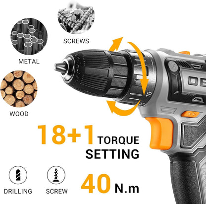 DEKOPRO Akku-Bohrmaschine 20 V Set mit Akku, Ladegerät und Zubehör