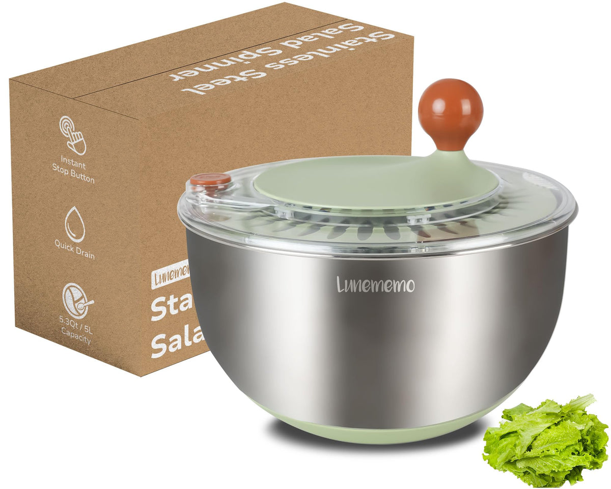 Lunememo Salatschleuder Edelstahl 5L, rutschfest, mit Stopptaste und Deckel