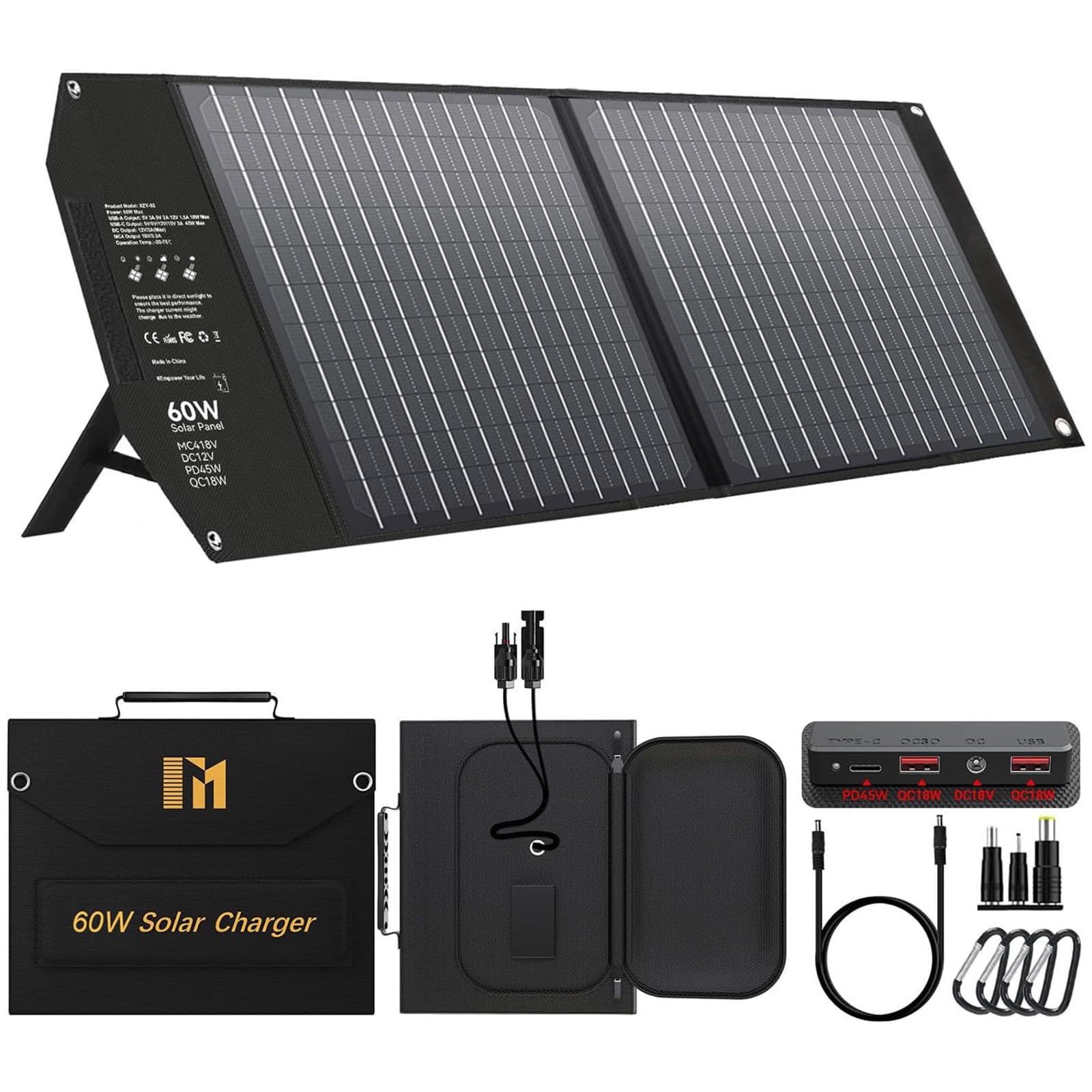 Mesuvida 60W Solarpanel Faltbar Ladegerät – 5 Anschlüsse. Rechteckiges, schwarzes, faltbares Solarpanel lädt mobile Geräte via Solarenergie.