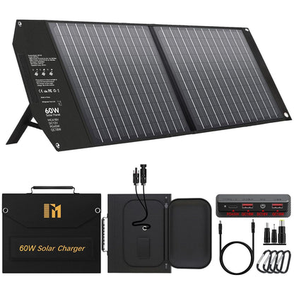Mesuvida 60W Solarpanel Faltbar Ladegerät – 5 Anschlüsse. Rechteckiges, schwarzes, faltbares Solarpanel lädt mobile Geräte via Solarenergie.