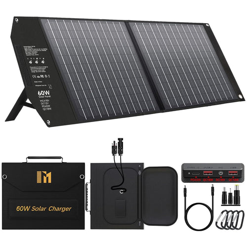 Mesuvida 60W Solarpanel Faltbar Ladegerät – 5 Anschlüsse. Rechteckiges, schwarzes, faltbares Solarpanel lädt mobile Geräte via Solarenergie.