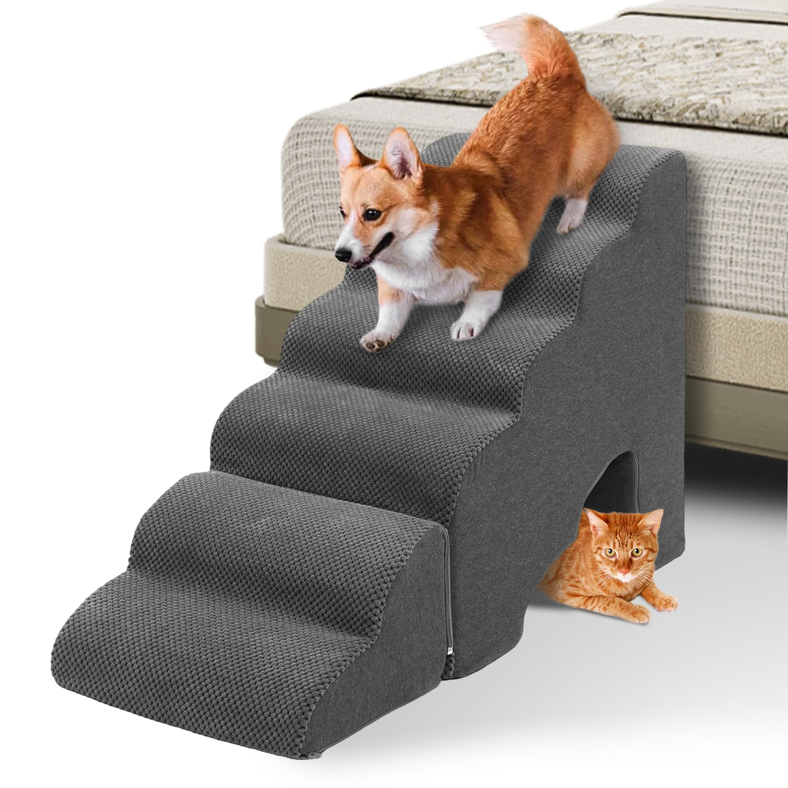 A.FATI 60cm Hoch Hundetreppe, dunkelgraue 6-Stufen-Treppe zum leichteren Erreichen von Sofa oder Bett für Hunde.