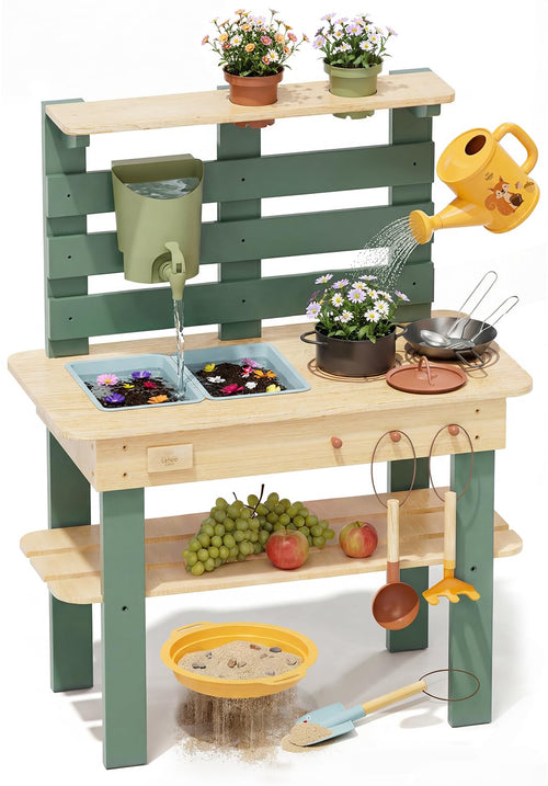 Lehoo Castle Matschküche Outdoor aus Holz, Spielküche mit Wasserhahn und zwei Spülbecken