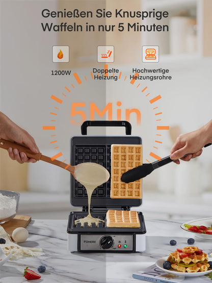FOHERE Waffeleisen XL für 2 Waffeln, 1200 Watt, antihaftbeschichtet