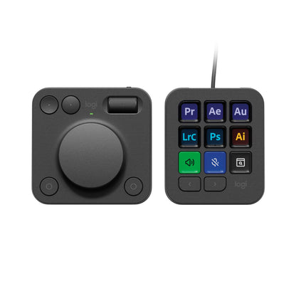 Logitech MX Creative Console Programmierfeld – Graphit. Graphitfarbenes Programmierfeld mit zentralem Drehregler (Crown) und Tasten zur optimierten Steuerung kreativer Software.