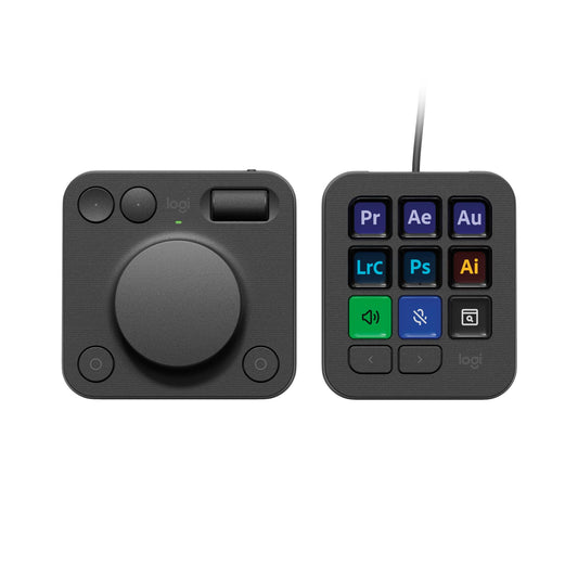 Logitech MX Creative Console Programmierfeld – Graphit. Graphitfarbenes Programmierfeld mit zentralem Drehregler (Crown) und Tasten zur optimierten Steuerung kreativer Software.