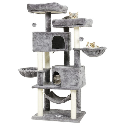 MSmask Kratzbaum 153 cm für grosse Katzen, hellgrauer Plüsch, Sisalstämme und Höhlen