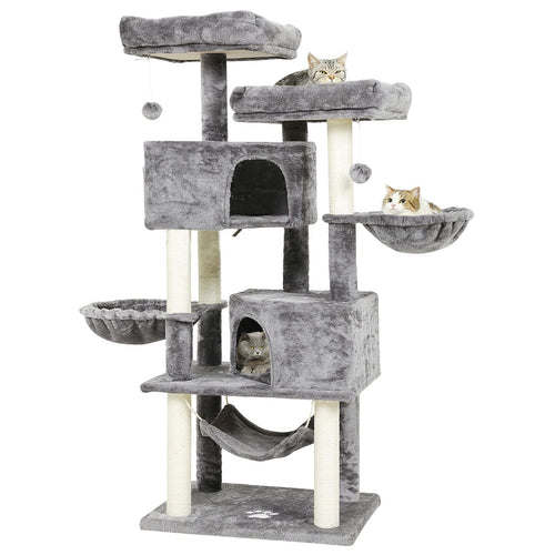 MSmask Kratzbaum 153 cm für grosse Katzen, hellgrauer Plüsch, Sisalstämme und Höhlen