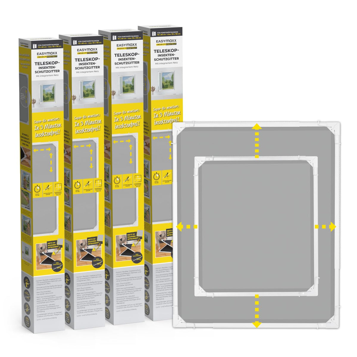 EASYmaxx Insect Protect Teleskop-Insektenschutzgitter Fenster, 4er-Set, weisser Rahmen mit integriertem schwarzem Netz