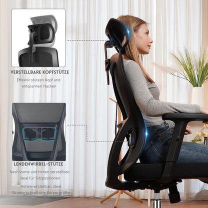 Durrafy Ergonomischer Bürostuhl Drehstuhl mit Kopfstütze - Schwarz