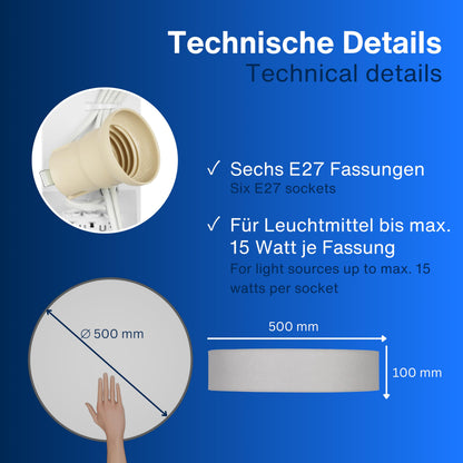 REV Deckenleuchte – Rund 50cm Stoffschirm Vintage Grau