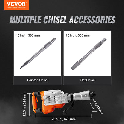 VEVOR Abbruchhammer JH-65 3500 W 60 J mit Spitz- und Flachmeissel