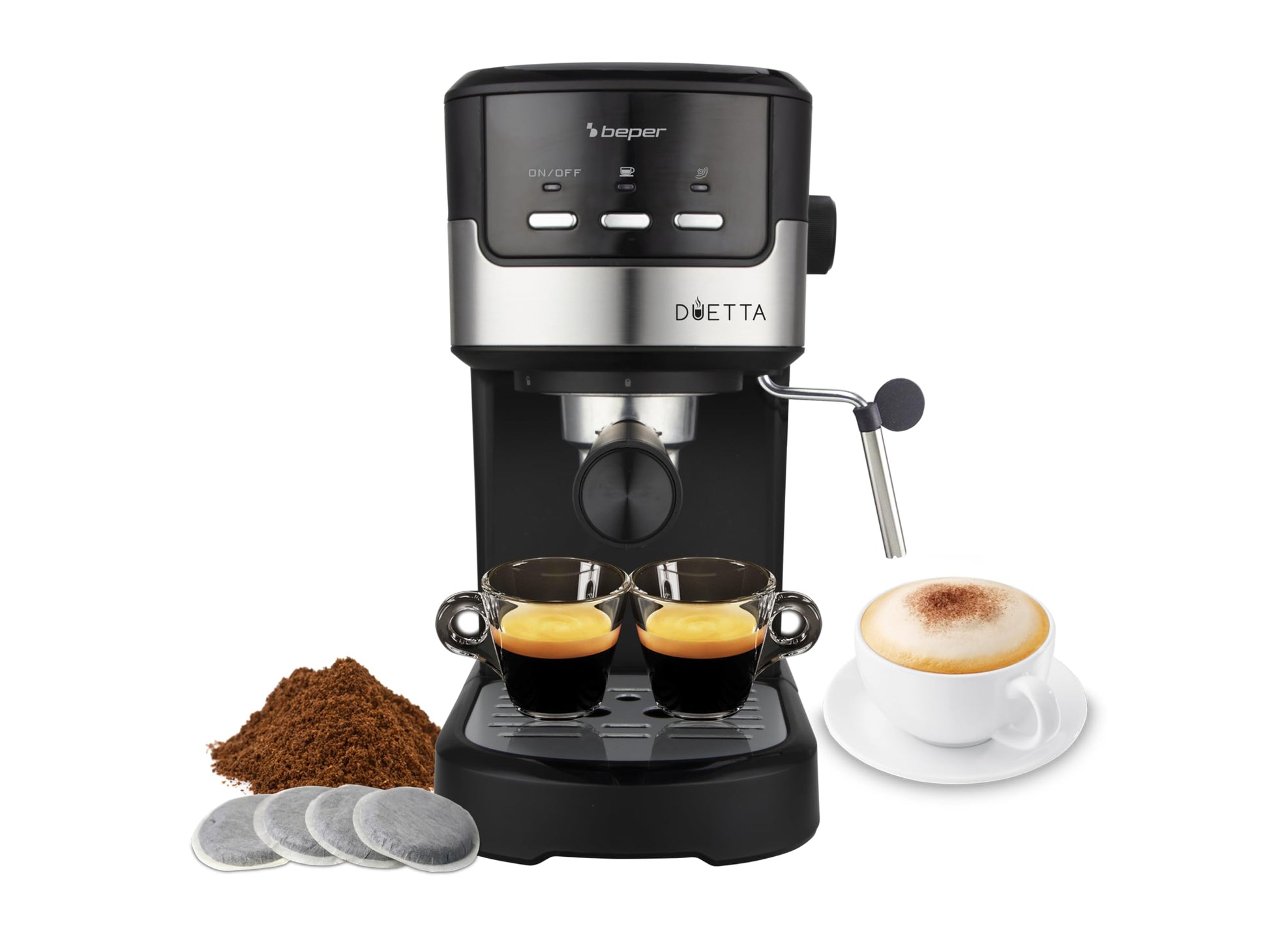 BEPER Duetta P101CAF100 Espressomaschine für Pads und Kaffeepulver, schwarz, mit Doppelauslauf