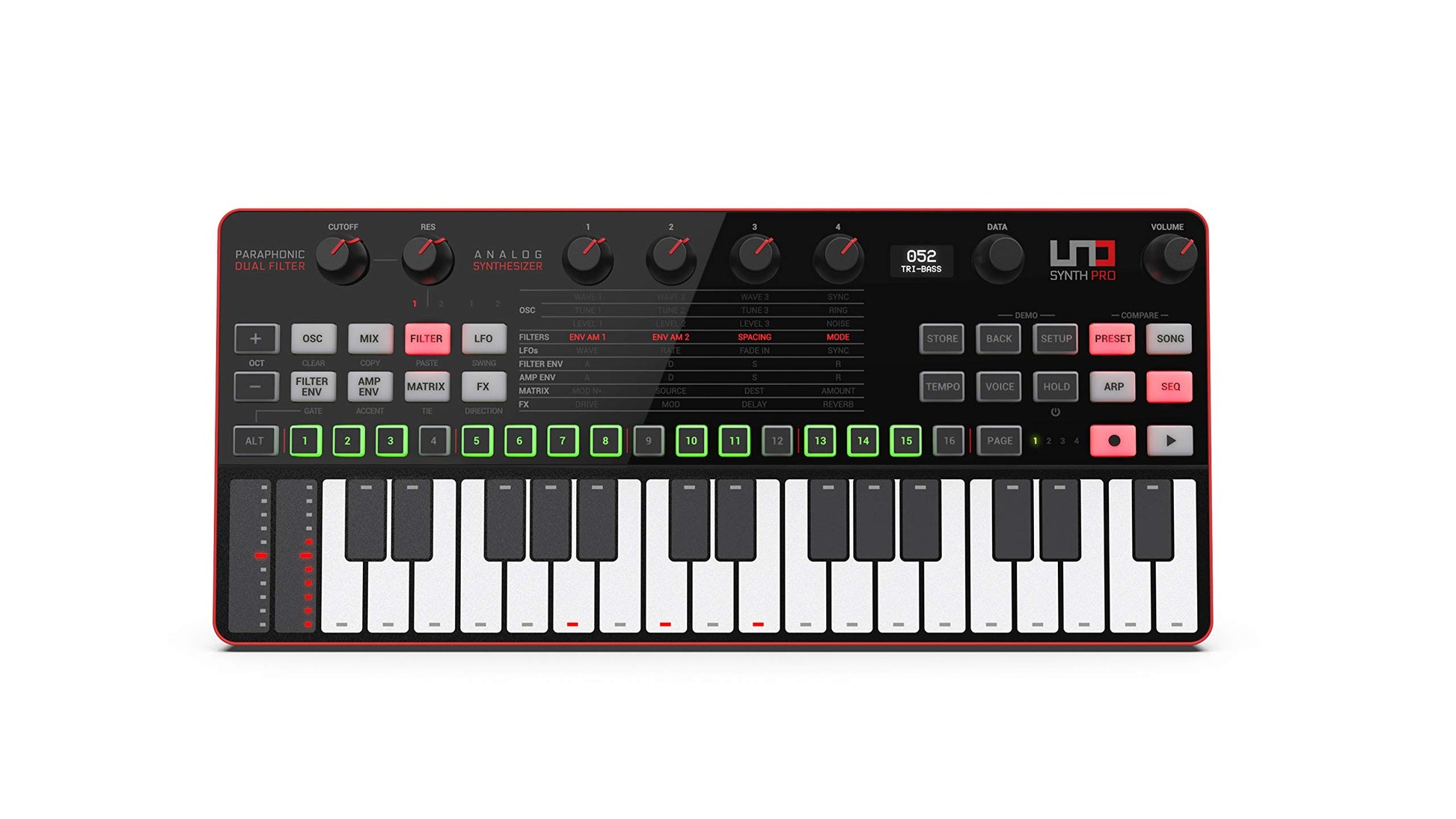 IK Multimedia UNO Synth Pro Desktop Polyphoner Synthesizer: Schwarzes Tischgerät für polyphone Klangsynthese und Sounddesign.