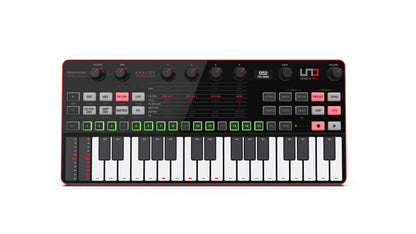 IK Multimedia UNO Synth Pro Desktop Polyphoner Synthesizer: Schwarzes Tischgerät für polyphone Klangsynthese und Sounddesign.