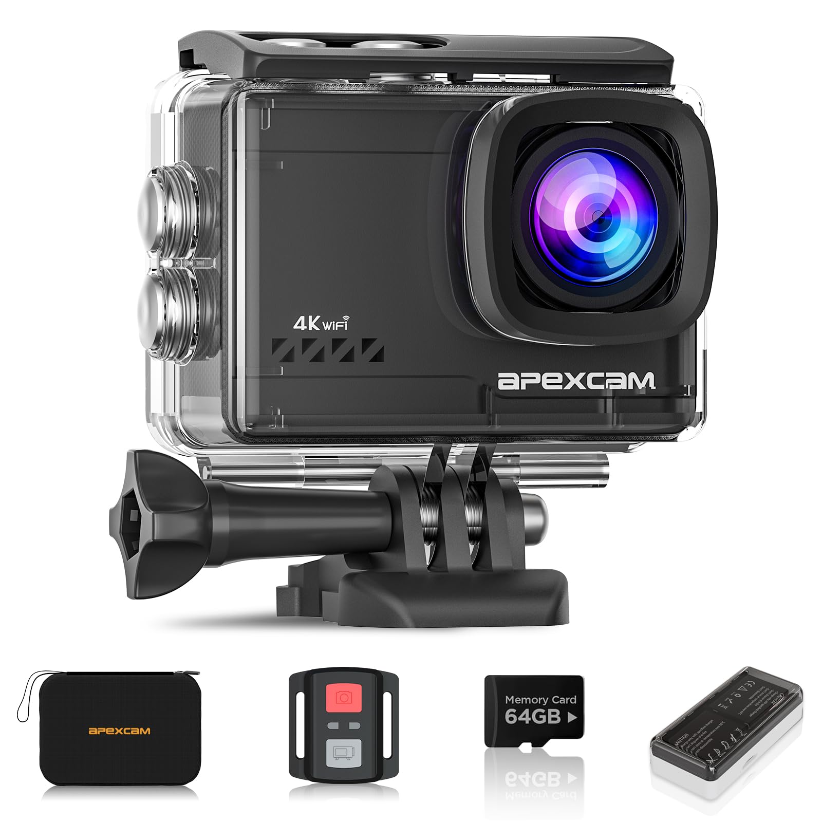Apexcam M80Air Action Cam 4K/60FPS WiFi mit 64GB Karte und Zubehör – Unterwasserkamera bis 40 m