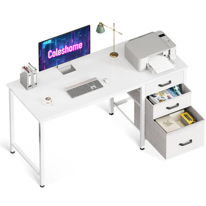 Coleshome Schreibtisch 120x48cm mit 3 Stoffschubladen – Weiss. Rechteckiger weisser Arbeitsplatz mit integrierten Textilschubladen für Organisation.