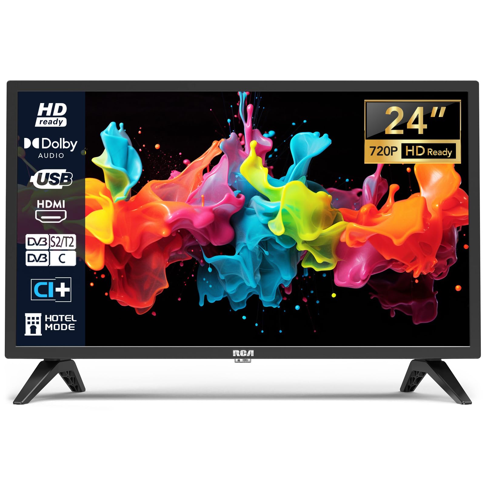 RCA Fernseher 24 Zoll (60 cm) LED HD – Triple Tuner Hotelmodell: Schlanker, schwarzer HD-TV mit Triple Tuner (DVB-T/C/S2).