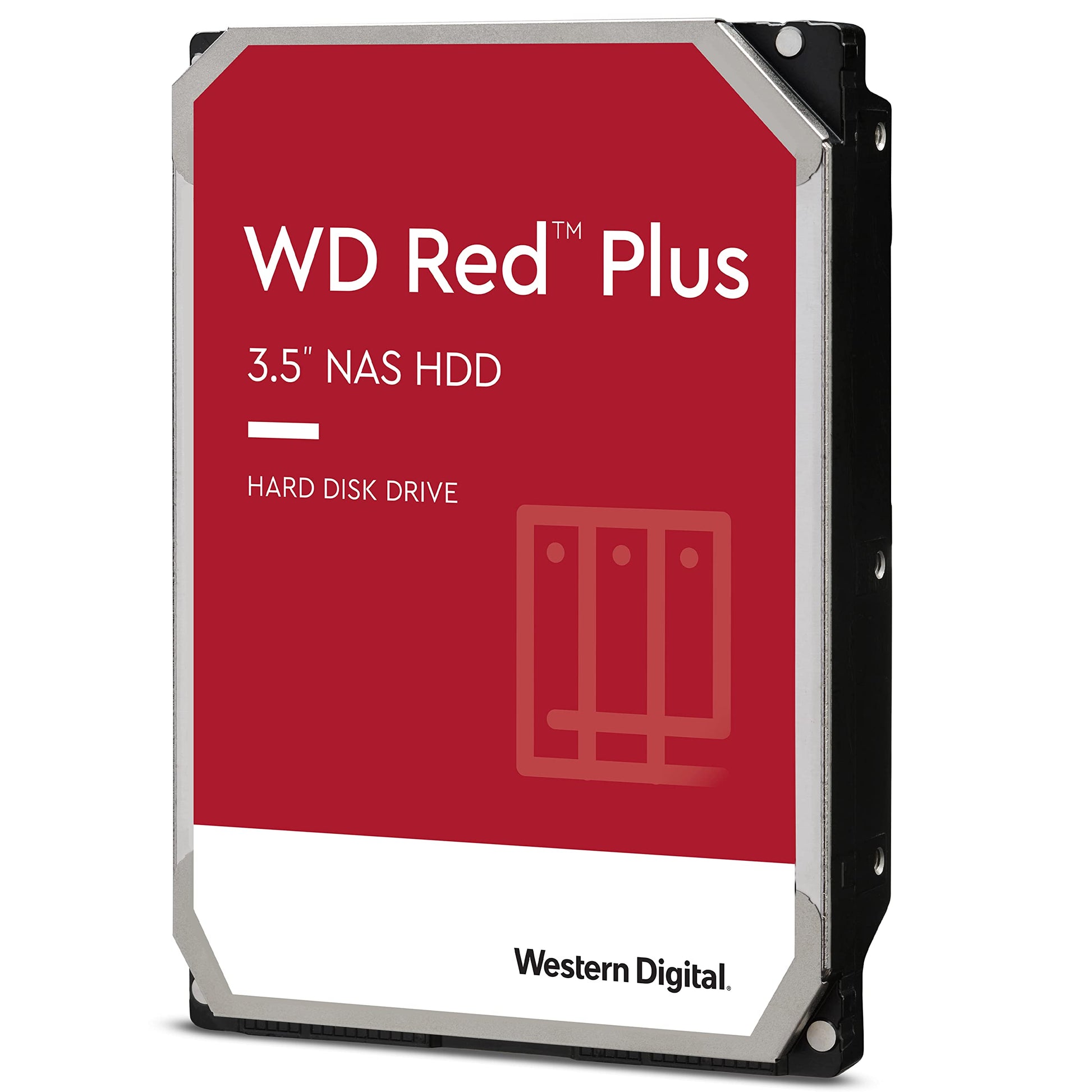WD Red Plus – Interne NAS Festplatte 4 TB, 3.5 Zoll. Rechteckig, metallisch, rotes Label. Zuverlässige Datenspeicherung in NAS-Systemen.