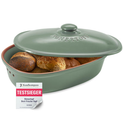Römertopf Brottopf oval MAXI Keramik – 6,5 Liter Grün. Ovale, grüne Keramikform hält Brot und Backwaren lange frisch.