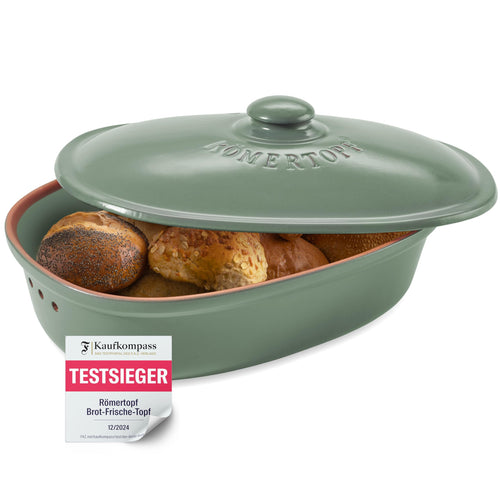 Römertopf Brottopf oval MAXI Keramik – 6,5 Liter Grün. Ovale, grüne Keramikform hält Brot und Backwaren lange frisch.
