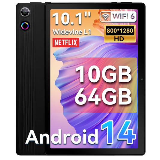 HotLight Tablet 10 Zoll - 10GB/64GB Schwarz Android 14, ein rechteckiges, schwarzes Tablet zur mobilen Nutzung von Apps und Internet.