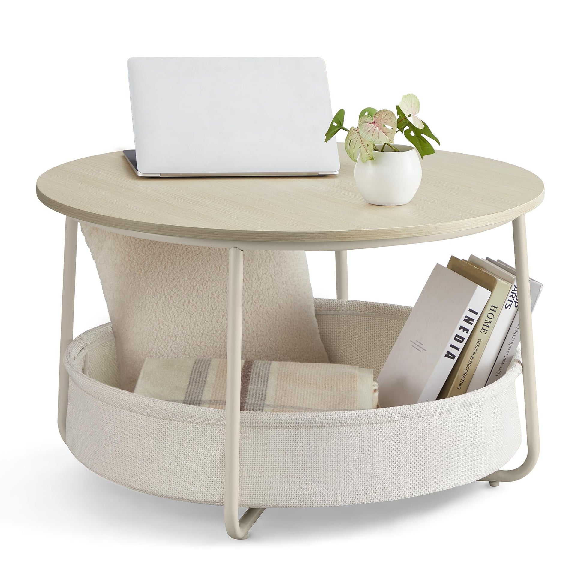 VASAGLE Couchtisch LCT244K01 rund mit Stauraum, naturbeige-cremeweiss, runde Tischplatte und Stoffkorb mit Stahlbeinen