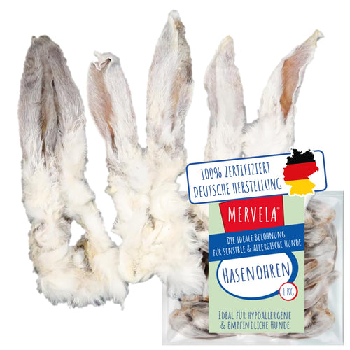 MERVELA Hasenohren mit Fell für Hunde, natürlicher Kausnack, 1 kg, luftgetrocknet