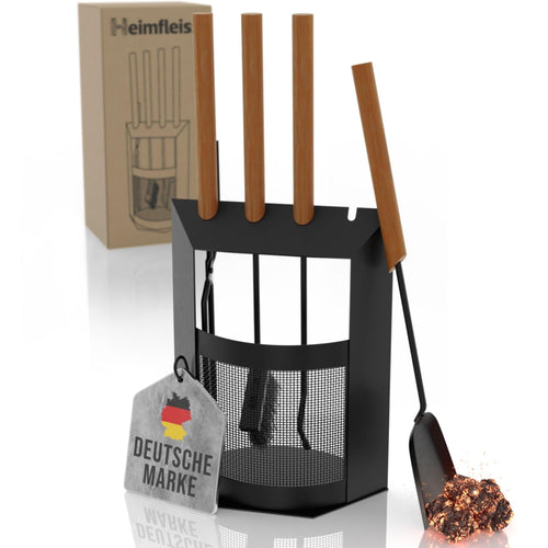 Heimfleiss® Kaminbesteck Schwarz Modern – Kaminset Premium. Schwarzes, schlankes Kaminbesteck-Set zum Reinigen und Bedienen von Kaminen und Öfen.