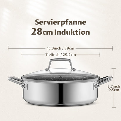 BEZIA Schmorpfanne 28 cm Edelstahl mit Deckel, 5,2 L, Induktion