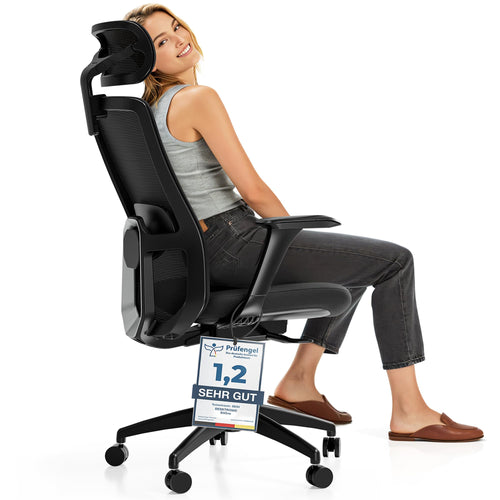 Desktronic SitOne Ergonomischer, verstellbarer Bürostuhl – Schwarz. Schwarzer Bürostuhl mit ergonomischer Sitzfläche für gesundes Sitzen am Schreibtisch.