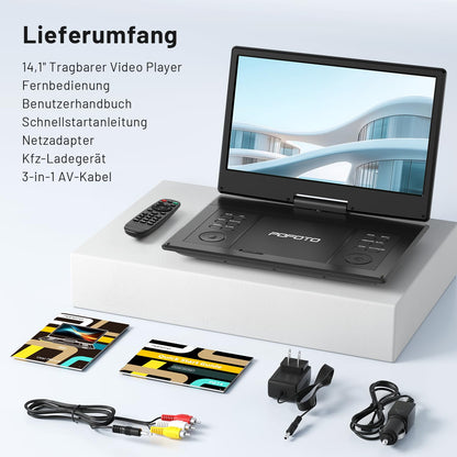 POFOTO Tragbarer DVD-Player, 14,1-Zoll-HD-Schwenkdisplay, 6h Akku