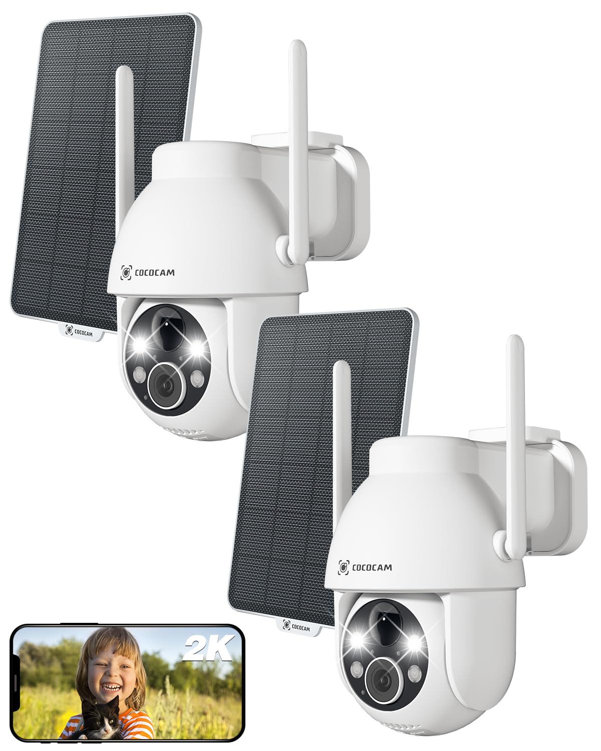COCOCAM 2K Solar Überwachungskamera Aussen, WLAN Akku, 2er-Set mit Solarpanel und Schwenkfunktion