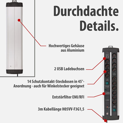 Brennenstuhl Premium-Protect-Line Gaming Steckdosenleiste 14-Fach 2x USB